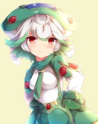 Rule 34 | 1girl, blush, breasts, brown background, closed mouth, commentary request, fuuna, gloves, green gloves, green hair, green hat, green skirt, hands on own hips, hat, long sleeves, looking at viewer, made in abyss, medium breasts, multicolored hair, prushka, red eyes, shirt, skirt, smile, solo, two-tone hair, white hair, white shirt