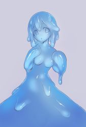 Rule 34 | 1girl, akira (meltyhip), blue eyes, blue skin, blue theme, colored skin, completely nude, female focus, grey background, highres, monster girl, no nipples, nude, open mouth, original, simple background, slime girl, solo
