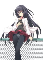 Rule 34 | 1girl, black hair, blue eyes, bow, bow panties, chain-link fence, crotch seam, fence, flyable heart, highres, ito noizi, jacket, long hair, panties, panties under pantyhose, pantyhose, pantyshot, shirasagi mayuri, simple background, skirt, solo, underwear, upskirt, white panties