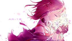 Rule 34 | 1girl, artist request, black gloves, buckle, character name, closed eyes, closed mouth, ears visible through hair, fingerless gloves, flower, girls&#039; frontline, gloves, hair ornament, holding, holding flower, jacket, long hair, multicolored hair, off shoulder, one side up, pink hair, profile, scarf, shirt, side ponytail, simple background, smelling flower, solo, st ar-15 (girls&#039; frontline), strap, streaked hair, white background