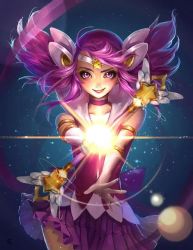 Rule 34 | 1girl, ahoge, alternate costume, alternate hair color, alternate hairstyle, artist request, choker, elbow gloves, gloves, league of legends, lens flare, lux (league of legends), magical girl, pink hair, purple eyes, qian mang mang, sailor collar, smile, solo, star (symbol), star guardian (league of legends), star guardian lux, tiara, twintails, wand, white gloves