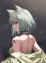 Rule 34 | 1girl, absurdres, animal ear fluff, animal ears, arknights, back, back focus, backless dress, backless outfit, bare shoulders, breasts, cat ears, closed mouth, dekubaba, detached collar, dress, from behind, gradient background, green dress, green eyes, grey background, highres, kal&#039;tsit (arknights), lens flare, light particles, looking at viewer, looking back, material growth, medium breasts, open clothes, oripathy lesion (arknights), profile, short hair, silver hair, solo, strapless, strapless dress, upper body