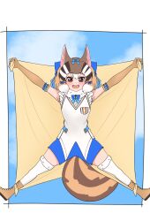 Rule 34 | 1girl, animal ears, blanket, blue sky, boots, brown eyes, brown hair, chipmunk ears, chipmunk girl, chipmunk tail, elbow gloves, extra ears, gloves, highres, kemono friends, kemono friends v project, looking at viewer, microphone, ribbon, shirt, short hair, shorts, siberian chipmunk (kemono friends), sky, sleeveless, sleeveless shirt, solo, tail, tengt e, thighhighs, vest, virtual youtuber