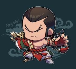 Rule 34 | 1boy, bare pectorals, black eyes, braid, chibi, chinese clothes, cleft chin, closed mouth, feng wei, fingerless gloves, frown, gloves, green background, kotorai, male focus, pants, pectorals, red gloves, signature, solid eyes, solo, tekken, v-shaped eyebrows, white pants