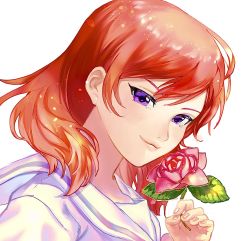Rule 34 | 1girl, a song for you! you? you!, artist name, artist request, blush, bow, breasts, collarbone, collared shirt, female focus, flower, hair between eyes, hair flower, hair ornament, highres, holding, holding flower, leaf, leaf hair ornament, looking at viewer, love live!, love live! school idol festival, love live! school idol project, nail, nail polish, neckerchief, nishikino maki, parted lips, pink bow, pink flower, pink nails, pink nails, pink neckerchief, purple eyes, red hair, sailor collar, shirt, short hair, short sleeves, small breasts, smile, solo, upper body, white background, white sailor collar, white shirt