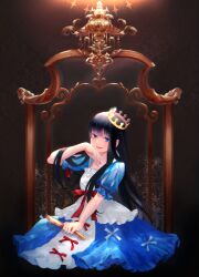 Rule 34 | &gt;:), 1girl, black hair, blue dress, blue eyes, blunt bangs, bow, broken mirror, closed mouth, crown, dress, dress bow, floral print, full body, hair flowing over, hand mirror, hand to own mouth, head mirror, highres, holding, holding mirror, lips, long hair, looking at viewer, maerchen (album), mirror, no reflection, puff and slash sleeves, puffy short sleeves, puffy sleeves, red bow, schneewittchen, short sleeves, sitting, smile, solo, sound horizon, tilted headwear, tsaishanny, two-tone dress, v-shaped eyebrows, waist bow, white dress