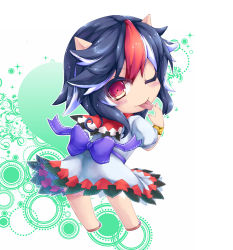 Rule 34 | 1girl, bangle, black hair, bow, bracelet, cone horns, dress, grey horns, horns, jewelry, kijin seija, killing, multicolored hair, one eye closed, red eyes, red hair, short hair, smile, solo, streaked hair, tongue, tongue out, touhou, white hair