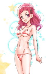 Rule 34 | 10s, 1girl, :d, bad id, bad pixiv id, bare arms, bare shoulders, bikini, blush, breasts, cleavage, collarbone, cowboy shot, hair ornament, hairclip, hip bones, hugtto! precure, long hair, looking at viewer, medium breasts, navel, nono hana, ontaros, open mouth, pink bikini, pink eyes, pink hair, precure, shiny clothes, smile, solo, standing, star (symbol), starry background, string bikini, swimsuit, tareme, thighs, two-tone background, underboob, x hair ornament