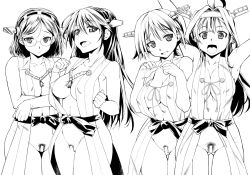 Rule 34 | 10s, 4girls, bar censor, bare shoulders, breasts, censored, cleavage, detached sleeves, female pubic hair, glasses, greyscale, hairband, haruna (kancolle), headgear, hiei (kancolle), japanese clothes, kantai collection, kirishima (kancolle), kongou (kancolle), large breasts, long hair, medium breasts, monochrome, multiple girls, nontraditional miko, open mouth, personification, pubic hair, short hair, smile, yamaguchi homupe