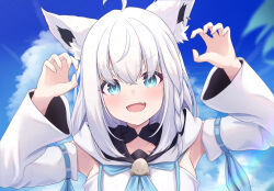 Rule 34 | 1girl, :d, ahoge, animal ears, blue eyes, blue sky, blush, braid, cloud, commentary request, day, detached sleeves, fang, fingernails, fox ears, fox girl, highres, hololive, long hair, looking at viewer, open mouth, shirakami fubuki, shirakami fubuki (1st costume), single braid, skin fang, sky, smile, solo, suicabar72, upper body, virtual youtuber, white hair, white sleeves