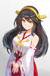 Rule 34 | 10s, 1girl, bad id, bad pixiv id, bare shoulders, black hair, breasts, commentary request, detached sleeves, gradient background, hair between eyes, hair ornament, hairband, hairclip, haruna (kancolle), highres, kantai collection, large breasts, long hair, nontraditional miko, own hands together, ribbon-trimmed sleeves, ribbon trim, smile, solo, wide sleeves, wse, yellow eyes