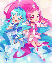 Rule 34 | 2girls, :d, ;d, absurdly long hair, blue bow, blue choker, blue dress, blue eyes, blue footwear, blue hair, blue ribbon, blue skirt, blush, boots, bow, brooch, choker, cure blossom, cure marine, dress, earrings, finger to cheek, full body, hair bow, hair ribbon, hanasaki tsubomi, hand on own face, hand up, heart, heart brooch, heartcatch precure!, high ponytail, jewelry, knee boots, kurochiroko, kurumi erika, locked arms, long hair, looking at viewer, magical girl, multiple girls, one eye closed, open mouth, parted bangs, pink bow, pink choker, pink dress, pink eyes, pink footwear, pink hair, precure, puffy short sleeves, puffy sleeves, ribbon, shoes, short sleeves, sidelocks, skirt, smile, standing, thighhighs, very long hair, white thighhighs, wide ponytail, wrist cuffs