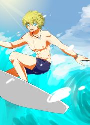 Rule 34 | 1boy, abs, absurdres, blonde hair, blue eyes, blue jammers, blue male swimwear, haribo zld, highres, jammers, jewelry, male focus, male swimwear, necklace, nintendo, short hair, shulk (xenoblade), smile, solo, super smash bros., surfboard, surfing, swimsuit, topless male, water, waves, wristband, xenoblade chronicles (series), xenoblade chronicles 1