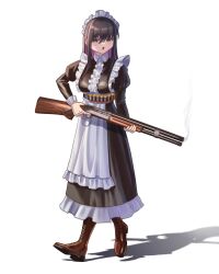 Rule 34 | 1girl, :o, alternate costume, ammunition belt, apron, black dress, black hair, blush, boots, breasts, brown eyes, brown footwear, colored inner hair, commentary, dress, english commentary, enmaided, full body, gun, haow, highres, holding, holding gun, holding weapon, maid, maid apron, maid headdress, medium breasts, multicolored hair, open mouth, original, purple hair, shadow, shizuku inoue, shotgun, smoke, smoking barrel, solo, trigger discipline, walking, weapon, white background