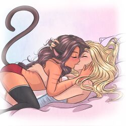 Rule 34 | 2girls, adora (she-ra), animal ears, cat ears, cat tail, catra, clothed female nude female, dark skin, freckles, highres, kiss, multiple girls, nude, panties, red panties, she-ra and the princesses of power, tail, topless, twitter username, underwear, yuri, zero lawliet
