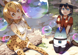 Rule 34 | 10s, 2girls, animal ears, backpack, bag, black hair, black legwear, blue eyes, blush, bow, bowtie, brown eyes, bubble, bucket hat, feathers, hat, highres, kaban (kemono friends), kemono friends, looking away, lucky beast (kemono friends), multiple girls, open mouth, orange bow, orange bowtie, orange hair, orange legwear, pantyhose, red shirt, serval (kemono friends), serval tail, shirt, short hair, sitting, smile, subaru (794829485), tail, thighhighs, white bow, white bowtie