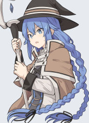 Rule 34 | 1girl, black hat, black ribbon, blue eyes, blue hair, braid, brown cape, brown capelet, cape, capelet, commentary request, crossed bangs, from side, grey background, hair between eyes, hair ribbon, hands up, hat, holding, holding staff, jacket, long hair, long sleeves, mushoku tensei, open mouth, ribbon, roxy migurdia, shiseki hirame, simple background, solo, staff, twin braids, upper body, weapon, white jacket, witch hat