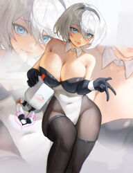 Rule 34 | 1girl, 1other, 2b (nier:automata), absurdres, alternate breast size, alternate costume, bare shoulders, black gloves, black hairband, black pantyhose, black thighhighs, blue eyes, blush, breasts, cleavage, clip studio paint (medium), commentary, commentary request, covered navel, detached collar, drone, elbow gloves, english commentary, gloves, grey hair, hairband, heart, heart hands, highres, hymin, invisible chair, large breasts, legs together, lips, looking at viewer, mixed-language commentary, mole, mole under mouth, multicolored leotard, nier:automata, nier (series), no blindfold, pantyhose, pod (nier:automata), short hair, sitting, smile, solo focus, spanish commentary, thighhighs, thighhighs over pantyhose, wrist cuffs, zoom layer