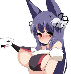 Rule 34 | 10s, 1girl, animal ears, assisted exposure, bell, black hair, blush, breasts, clothes lift, embarrassed, erune, fox ears, fur trim, granblue fantasy, hair bell, hair ornament, jingle bell, large breasts, lifting another&#039;s clothes, multiple views, nose blush, out of frame, purple hair, red eyes, shirt lift, sideboob, solo focus, sweat, terazip, underboob, yuel (granblue fantasy)