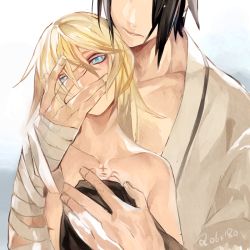 Rule 34 | 1boy, 1girl, bad id, bad pixiv id, bandages, bare shoulders, black hair, blazblue, blazblue: chronophantasma, blonde hair, blue eyes, clothed male nude female, collarbone, couple, hand over face, head out of frame, height difference, hetero, hyakuhachi (over3), kagura mutsuki, long hair, noel vermillion, nude
