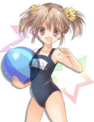 Rule 34 | 1girl, ball, beachball, brown eyes, brown hair, ebibibibibi, fang, highleg, highres, long hair, name tag, one-piece swimsuit, original, school swimsuit, solo, swimsuit, twintails