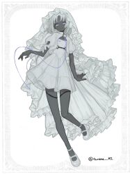 Rule 34 | 1girl, bead anklet, bridal veil, closed mouth, dark-skinned female, dark skin, frilled veil, full body, highres, limited palette, looking at viewer, mary janes, monochrome, original, parted bangs, purple eyes, shoes, short sleeves, solo, spot color, string, tunena mi, twitter username, veil, white footwear, white hair, white veil
