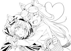 Rule 34 | 2girls, :d, agahari, animal costume, animal hat, bad id, bad pixiv id, basket, big bad wolf, big bad wolf (cosplay), bread, capelet, closed eyes, cosplay, eila ilmatar juutilainen, fang, food, greyscale, hand on another&#039;s head, hat, heart, highres, hood, hug, lineart, little red riding hood, little red riding hood (grimm), little red riding hood (grimm) (cosplay), long hair, monochrome, multiple girls, open mouth, sanya v. litvyak, short hair, smile, strike witches, wolf costume, world witches series