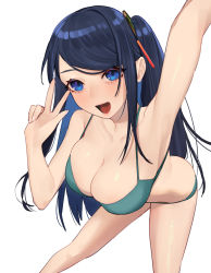 Rule 34 | 1girl, :d, arm up, armpits, beijuu, bikini, blue eyes, blue hair, breasts, cleavage, green bikini, hair ornament, highres, krt girls, large breasts, lips, long hair, one side up, open mouth, sidelocks, simple background, smile, solo, swimsuit, w, white background, xiao qiong