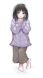 Rule 34 | 1girl, absurdres, barefoot, black eyes, black hair, blunt bangs, blush, brown pants, full body, grey eyes, highres, interlocked fingers, jacket, knees together feet apart, lavender jacket, long sleeves, looking to the side, medium hair, open mouth, original, own hands together, pants, pinky out, purple jacket, rinki oohen, sketch, sleeves past wrists, solo, standing, w arms, white background