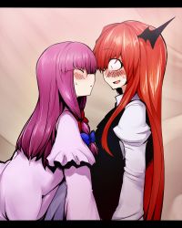 Rule 34 | 2girls, :d, bat wings, blush, bow, closed eyes, constricted pupils, couple, dress, embarrassed, female focus, hair bow, head wings, imminent kiss, juliet sleeves, koakuma, letterboxed, long hair, long sleeves, mizuga, multiple girls, no headwear, open mouth, patchouli knowledge, puffy sleeves, purple dress, purple hair, red hair, smile, touhou, vest, wings, yuri