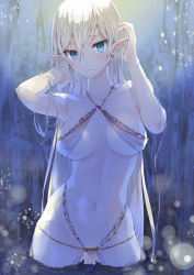Rule 34 | 1girl, adjusting hair, aqua eyes, armpits, arms up, bare shoulders, bikini, breasts, chain, collarbone, commentary request, cowboy shot, criss-cross halter, elf, flower, gem, groin, hair between eyes, hair flowing over, halterneck, highleg, highres, hip bones, jewelry, large breasts, long hair, looking at viewer, navel, night, o-ring, o-ring top, original, partially submerged, pelvic curtain, pointy ears, revealing clothes, silver hair, solo, standing, stomach, swimsuit, tomozero, very long hair, wading, water, waterfall, wet, white bikini