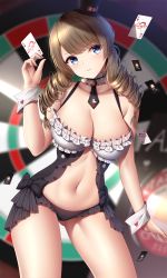 Rule 34 | 1girl, azur lane, bare arms, bare shoulders, black hat, black panties, blue eyes, blurry, breasts, brown hair, card, center opening, choker, cleavage, collarbone, cowboy shot, dartboard, dead or alive, dead or alive xtreme, depth of field, drill hair, frilled choker, frilled panties, frills, gluteal fold, hand up, hat, highres, holding, large breasts, long hair, looking at viewer, monica (doa), navel, necktie, panties, parted lips, playing card, revealing clothes, short necktie, solo, standing, stomach, thighs, top hat, twin drills, twintails, underwear, wrist cuffs, wsman