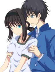Rule 34 | 00s, 1girl, black hair, blue eyes, grabbing another&#039;s breast, brother and sister, grabbing, groping, gym uniform, hairband, incest, long hair, short hair, siblings, simple background, syou (crecre), tohno akiha, tohno shiki, tsukihime, white background
