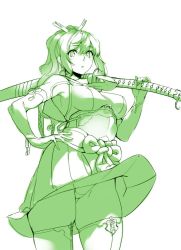 Rule 34 | 1girl, breasts, closed mouth, cowboy shot, green theme, hair between eyes, hand on own hip, holding, holding weapon, large breasts, long hair, looking at viewer, monochrome, original, pleated skirt, ponytail, sasaoka gungu, sketch, skirt, solo, thong, wavy hair, weapon