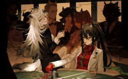 Rule 34 | absurdres, animal ear fluff, animal ears, arknights, black hair, collared shirt, gloves, grey eyes, hair ornament, hairclip, highres, lappland (arknights), long sleeves, meng ziya, necktie, poker chip, ponytail, red gloves, red shirt, scar, scar across eye, scar on face, shirt, sleeve cuffs, tail, texas (arknights), wolf ears, wolf girl, wolf tail