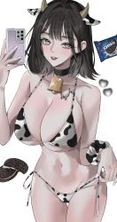 Rule 34 | 1girl, absurdres, animal ears, animal print, bell, bikini, black choker, black hair, blush, breast tattoo, breasts, cellphone, choker, cow ears, cow girl, cow horns, cow print, cowbell, cowboy shot, eyes visible through hair, highres, holding, holding phone, horns, large breasts, looking at viewer, medium hair, mell (dmwe3537), navel, neck bell, oreo, original, personification, phone, side-tie bikini bottom, simple background, smartphone, solo, standing, swimsuit, tattoo, untied bikini, white background, white eyes