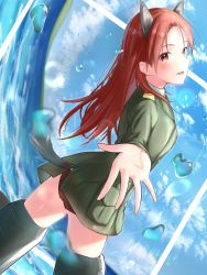 Rule 34 | 1girl, animal ears, ass, blush, breasts, dog ears, dog tail, highres, iwabuchi501, long hair, looking at viewer, military, military uniform, minna-dietlinde wilcke, ocean, open mouth, outdoors, panties, reaching, reaching towards viewer, red eyes, red hair, red panties, sky, small breasts, smile, solo, strike witches, striker unit, tail, underwear, uniform, world witches series