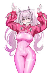 Rule 34 | 1girl, absurdres, alice (nikke), animal ear headphones, animal ears, blush, bodysuit, breasts, covered navel, cropped jacket, fake animal ears, gloves, gluteal fold, goddess of victory: nikke, gradient hair, grey hair, grin, headphones, headset, highres, impossible bodysuit, impossible clothes, jacket, latex, latex bodysuit, long hair, looking at viewer, medium breasts, multicolored hair, pink bodysuit, pink eyes, pink gloves, pink hair, pink jacket, puffy sleeves, rabbit pose, ramuneogura, sidelocks, simple background, skin tight, sleeves past wrists, smile, solo, thigh gap, twintails, two-tone gloves, white background, white gloves