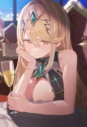 Rule 34 | 1girl, alcohol, bare shoulders, blonde hair, blush, breasts, chair, champagne, champagne flute, cleavage, closed mouth, commentary request, cup, drinking glass, earrings, hair between eyes, hair intakes, head rest, headpiece, highres, indoors, jewelry, large breasts, long hair, looking at viewer, mia cbx, mythra (xenoblade), sitting, solo, swept bangs, table, tiara, upper body, xenoblade chronicles (series), xenoblade chronicles 2, yellow eyes
