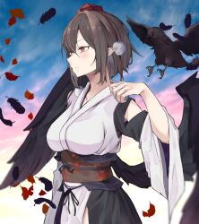 Rule 34 | 1girl, bare shoulders, bird, bird wings, black bird, black feathers, black kimono, black wings, breasts, brown eyes, brown hair, closed mouth, crow, detached sleeves, falling feathers, falling leaves, feathered wings, feathers, from side, hat, japanese clothes, kanaria (bocmn), kimono, kourindou tengu costume, large breasts, leaf, long sleeves, obi, outdoors, pointy ears, pom pom (clothes), red hat, red sash, sash, serious, shameimaru aya, short hair, solo, tokin hat, touhou, upper body, white kimono, white sleeves, wide sleeves, wings