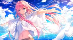 Rule 34 | 1girl, animal, bird, blue sky, closed mouth, cloud, commentary request, copyright request, day, dengeki bunko, hair between eyes, horizon, long hair, looking at viewer, navel, ocean, outdoors, outstretched arms, pink hair, poncho, purple eyes, sky, smile, solo, spread arms, toosaka asagi, very long hair, water