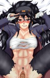 Rule 34 | 10s, 1boy, 1girl, abs, adjusting clothes, adjusting headwear, banchou, bandages, bandages around chest, bed, bed sheet, black hair, blush, bottomless, breasts, buttons, daidouji (senran kagura), delinquent, digital kei, epaulettes, grin, hat, hetero, highres, jacket, large breasts, legs up, lips, long hair, looking at viewer, lying, midriff, mole, muscular, muscular female, on back, open clothes, open jacket, pants, penis, pov, pubic hair, pussy, red eyes, sarashi, senran kagura, senran kagura burst, sex, smile, solo focus, sweat, torn clothes, torn pants, unbuttoned, unbuttoned shirt, uncensored, vaginal