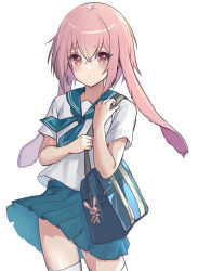 Rule 34 | 1boy, animal ears, ansel (arknights), arknights, bag, blue skirt, blush, brown eyes, child, closed mouth, commentary request, cowboy shot, crossdressing, eyes visible through hair, hair between eyes, handbag, male focus, pink hair, pleated skirt, rabbit ears, sailor collar, school uniform, serafuku, short hair, short sleeves, simple background, skirt, solo, standing, thighhighs, trap, white background, white thighhighs, yoruhachi