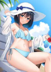 Rule 34 | 1girl, bare shoulders, bikini, black hair, blue bikini, blue bow, blue eyes, blue sky, blurry, blurry foreground, bow, breasts, closed mouth, cloud, collarbone, commentary request, cup, day, depth of field, drink, drinking glass, drinking straw, feet out of frame, flower, hair between eyes, hat, hat bow, highres, ice, ice cube, jacket, komori kuzuyu, long sleeves, looking at viewer, medium breasts, navel, off shoulder, open clothes, open jacket, original, outdoors, puffy long sleeves, puffy sleeves, red flower, rivier (kuzuyu), see-through, short hair, side-tie bikini bottom, sky, sleeves past wrists, solo, sun hat, swimsuit, white hat, white jacket
