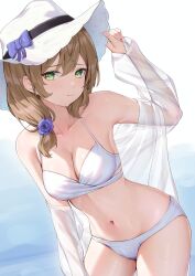 Rule 34 | 1girl, absurdres, arm up, bare shoulders, bikini, bow, breasts, brown hair, cleavage, closed mouth, collarbone, cowboy shot, flower, genshin impact, green eyes, hair flower, hair ornament, hand on headwear, hat, hat bow, highres, large breasts, leaning forward, lisa (genshin impact), looking at viewer, navel, off shoulder, purple bow, purple flower, purple rose, rose, rosumerii, see-through, see-through shirt, solo, stomach, sun hat, swimsuit, white bikini, white hat