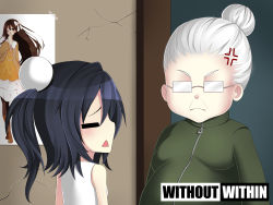 Rule 34 | 2girls, :&lt;, = =, absurdres, anger vein, angry, artist request, character request, copyright name, door, glasses, hair bun, height difference, highres, indoors, multiple girls, official art, official wallpaper, old, old woman, open mouth, poster (medium), poster (object), profile, single hair bun, triangle mouth, upper body, vinty, wallpaper, white hair, without within