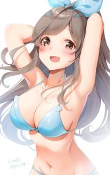 Rule 34 | 1girl, armpits, arms behind head, arms up, bad id, bad twitter id, bare shoulders, bikini, blue bikini, blue bow, blush, bow, breasts, brown eyes, brown hair, cleavage, collarbone, hair bow, highres, idolmaster, idolmaster shiny colors, kinako (shiratama mochi), large breasts, long hair, looking at viewer, navel, open mouth, simple background, smile, solo, swept bangs, swimsuit, tsukioka kogane, white background