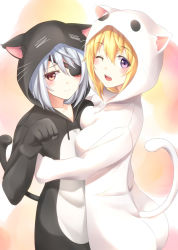 Rule 34 | 10s, 2girls, animal costume, animal ears, aoi usagi, bad id, bad pixiv id, blonde hair, blush, cat ears, cat tail, charlotte dunois, eye contact, hood, hoodie, infinite stratos, laura bodewig, looking at another, looking at viewer, multiple girls, open mouth, paw pose, red eyes, revision, tail