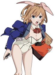 Rule 34 | 1girl, :o, animal ears, bag, blue eyes, bow, breasts, brown hair, cleavage, covered navel, detached collar, fake animal ears, fake tail, highres, holding, holding bag, jacket, leotard, looking at viewer, medium breasts, miyamori aoi, open clothes, open jacket, playboy bunny, rabbit ears, rabbit tail, saito aoba, shirobako, short hair, solo, strapless, strapless leotard, tail, white background, white leotard
