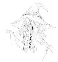 Rule 34 | 1girl, chuzenji, cloak, coat, dress, elden ring, extra arms, fur cloak, fur coat, greyscale, hands up, hat, highres, long hair, monochrome, ranni the witch, renna (elden ring), simple background, sketch, white background, witch hat